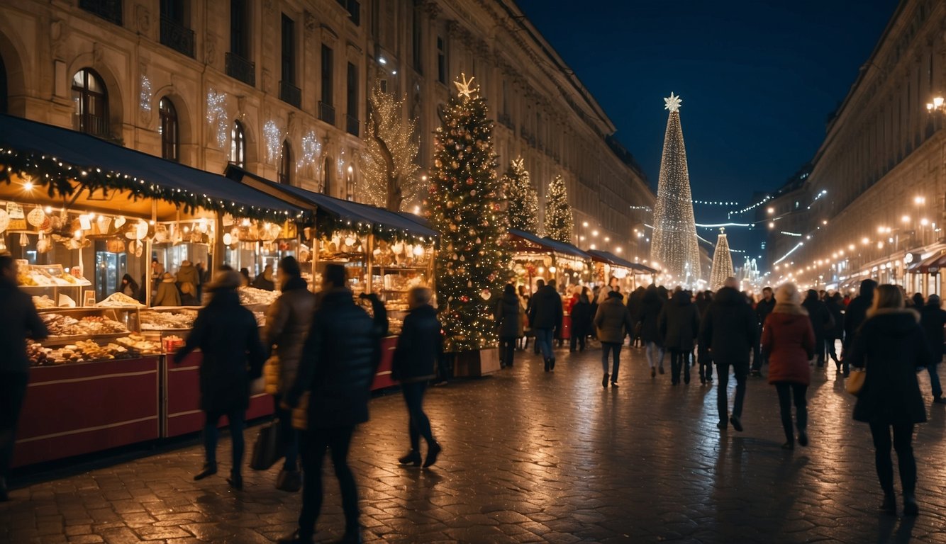 The bustling Christmas markets in Milan feature colorful stalls, twinkling lights, and festive decorations, creating a lively and enchanting atmosphere for holiday shoppers and visitors