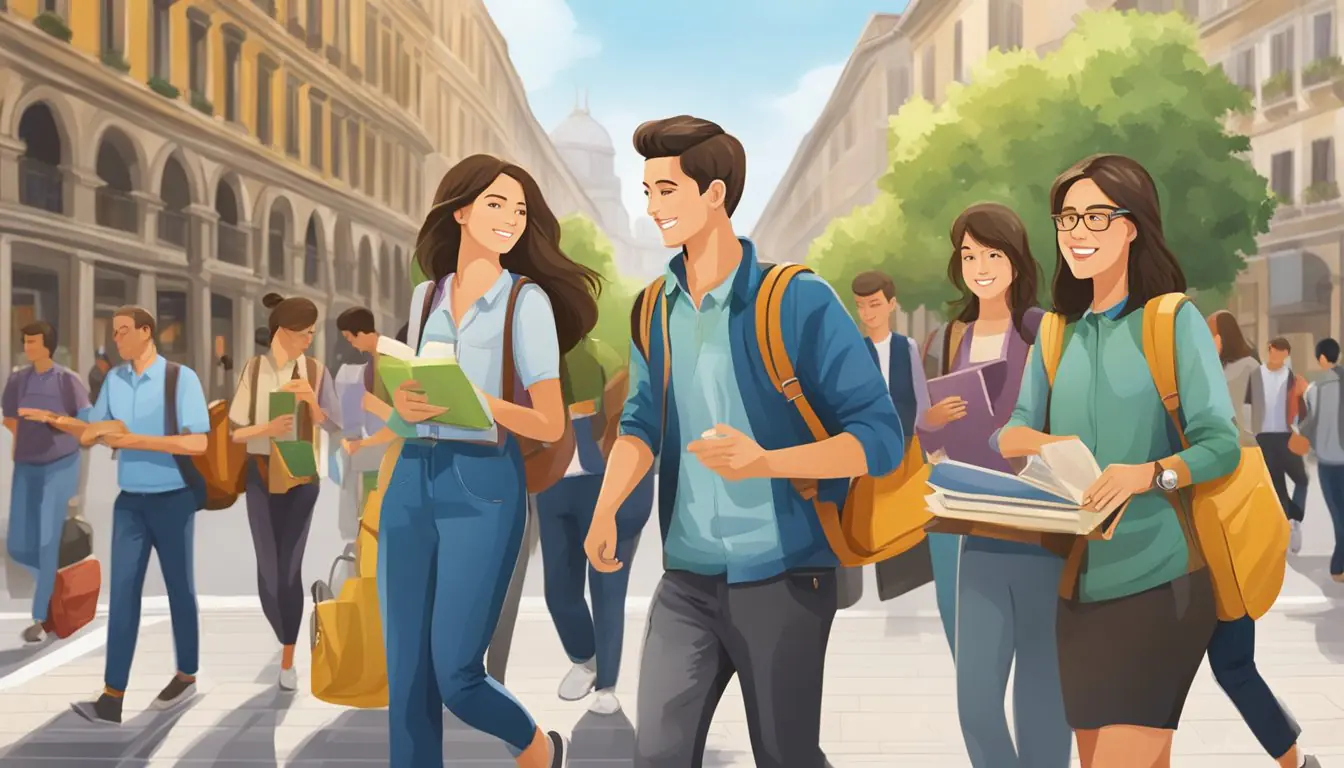 Students bustling through the streets of Milan, passing by Italian language schools. Books and backpacks in hand, eager to learn. Cityscape in the background
