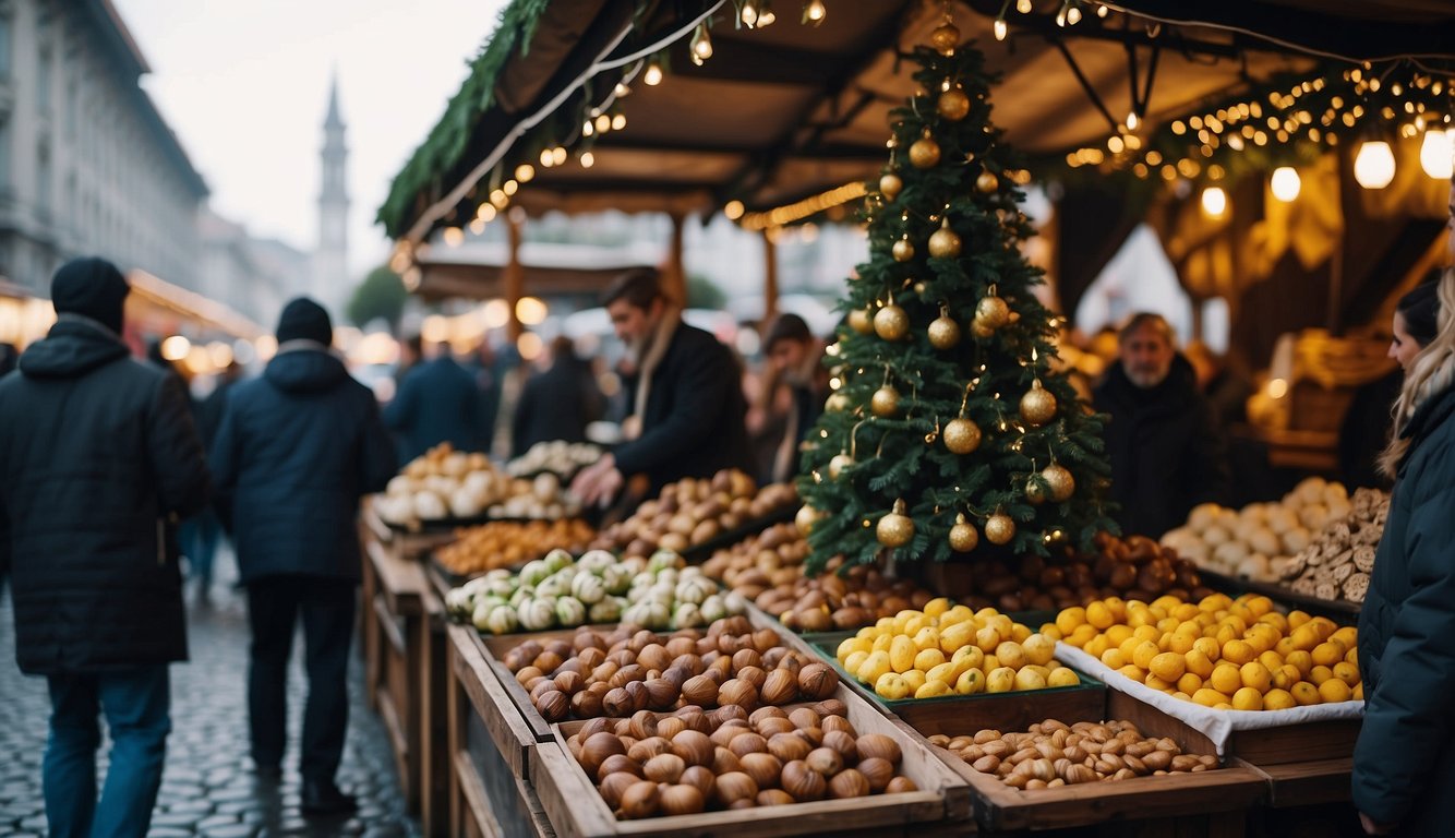 A bustling Christmas market in Milan, with colorful stalls selling festive decorations and traditional Italian treats. The air is filled with the scent of mulled wine and roasted chestnuts, as visitors enjoy the festive atmosphere