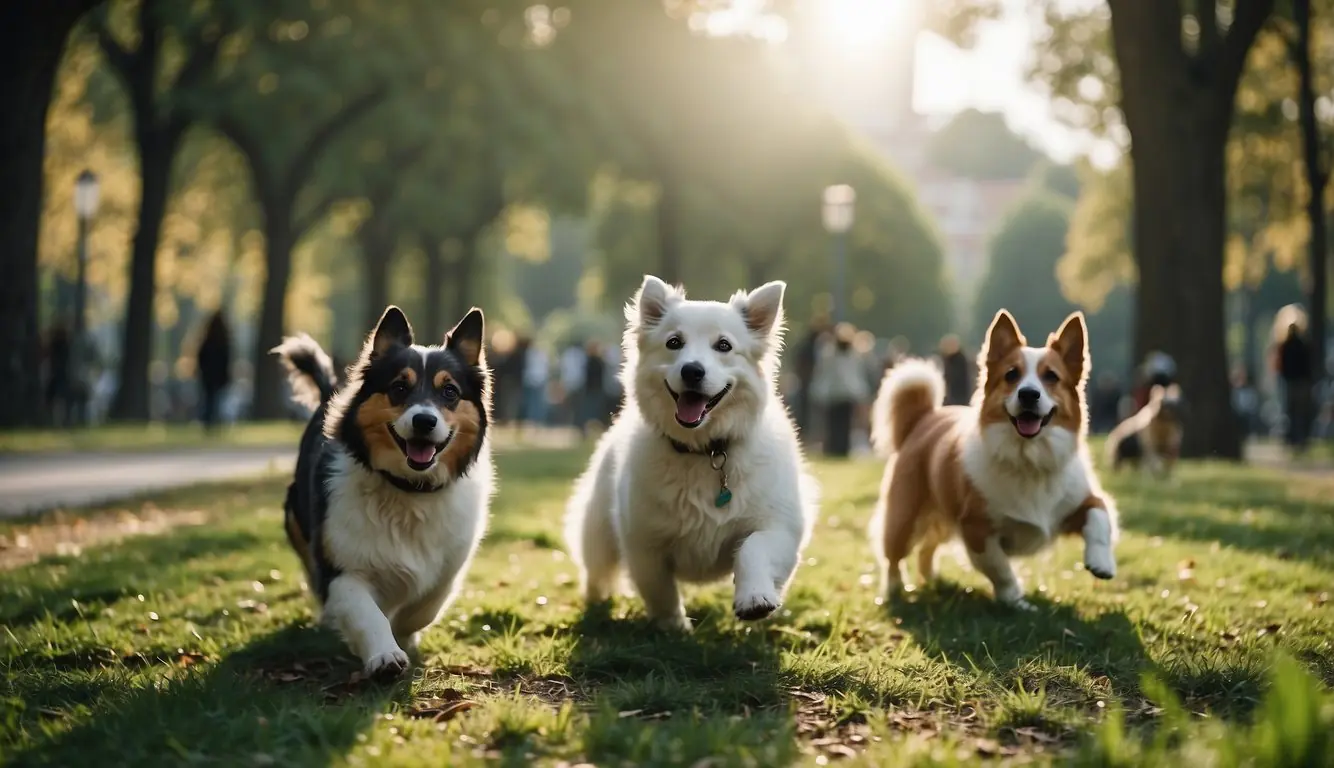 Dogs play in Milan's pet-friendly parks. Vibrant greenery and happy pups fill the scene