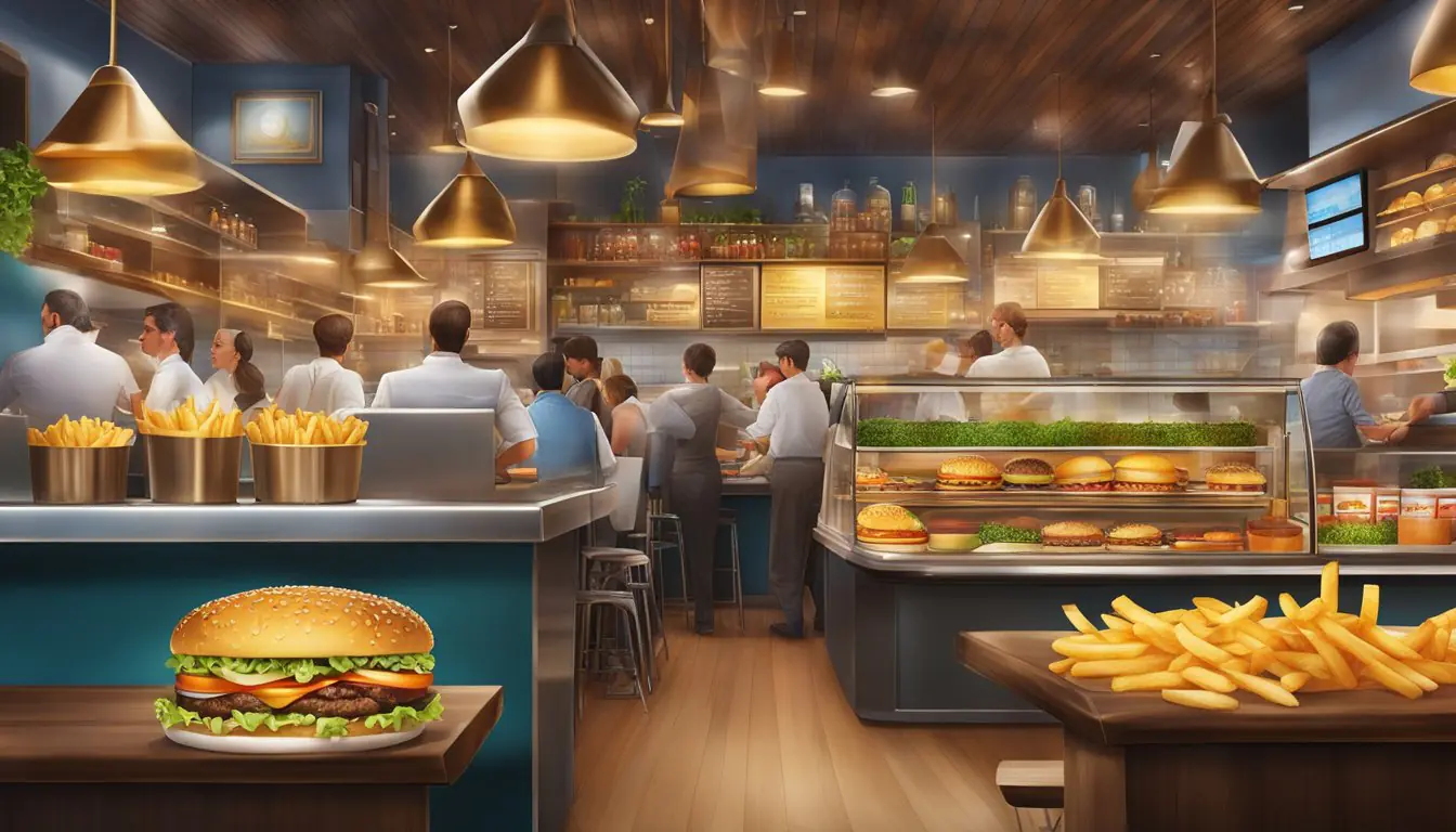 A bustling gourmet burger restaurant in Milan, with a variety of fries and toppings on display