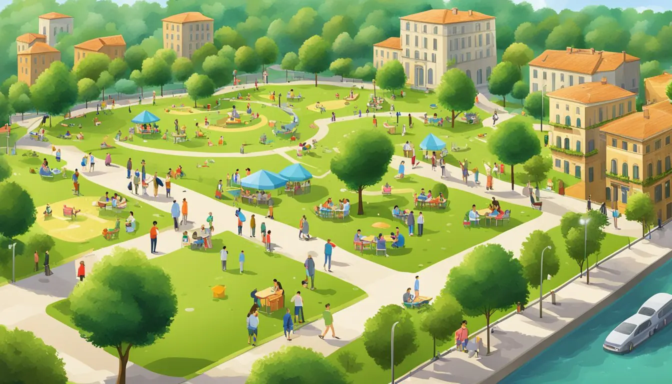 Lush green parks with picnic tables, playgrounds, and families enjoying outdoor activities in Milan