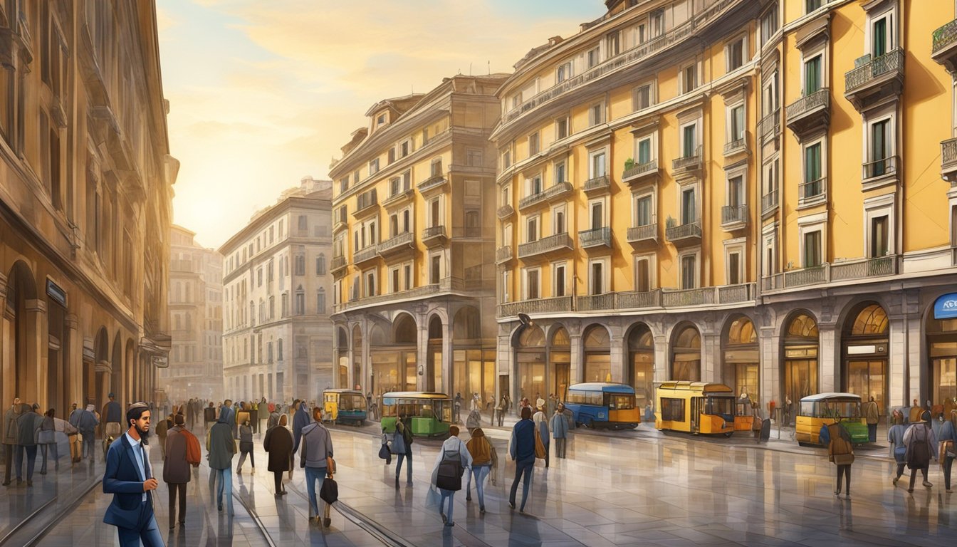 A bustling street in Milan, with real estate agencies lining the sidewalks. A mix of modern and historic buildings fills the background