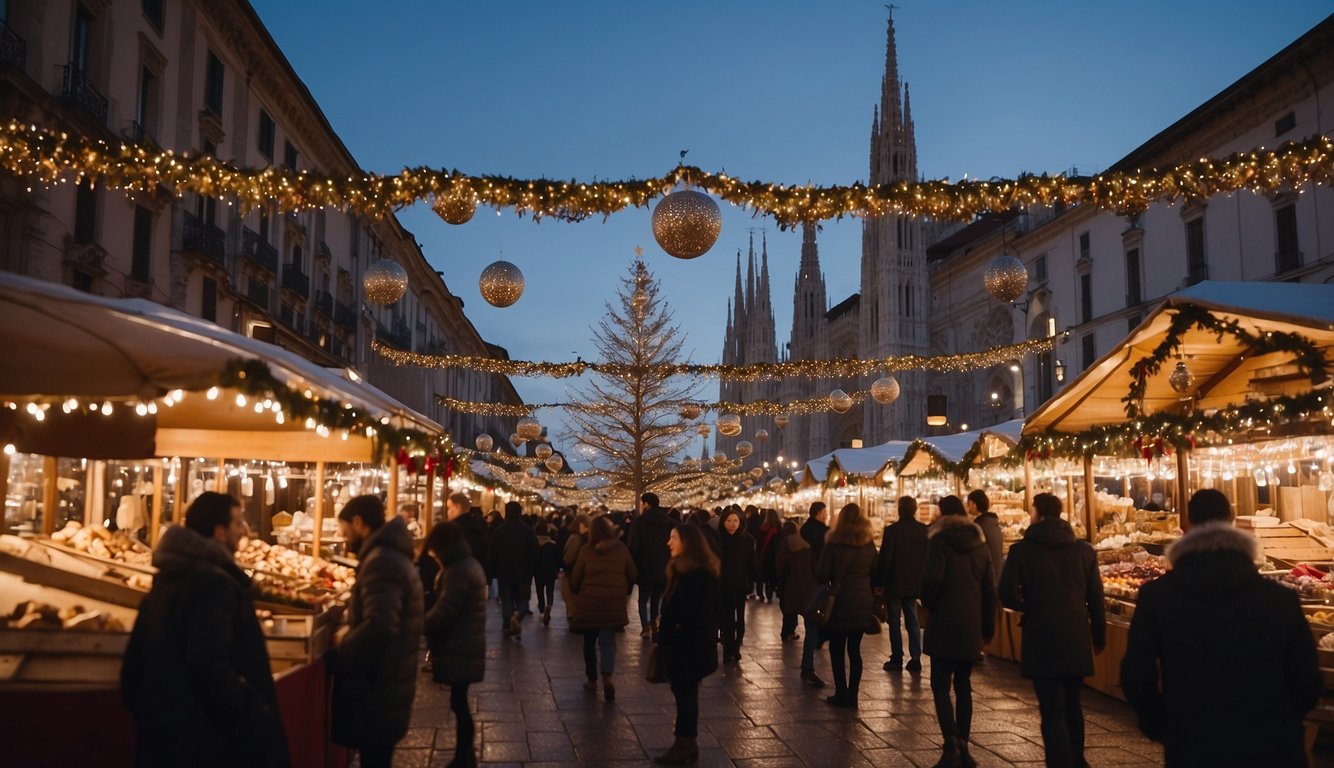 A bustling Christmas market in Milan, with colorful stalls, twinkling lights, and festive decorations. Visitors browse unique gifts and enjoy traditional holiday treats