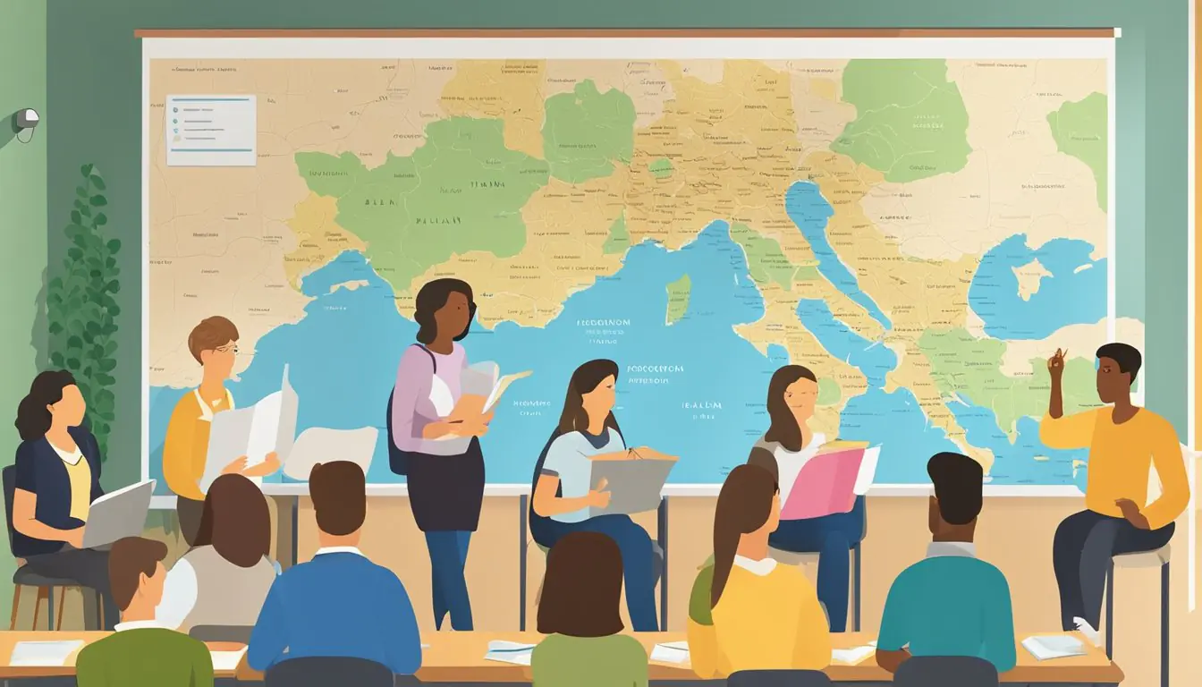 A bustling Italian language school in Milan, with students engaged in conversation and study. A map of Italy adorns the wall, and a chalkboard displays verb conjugations