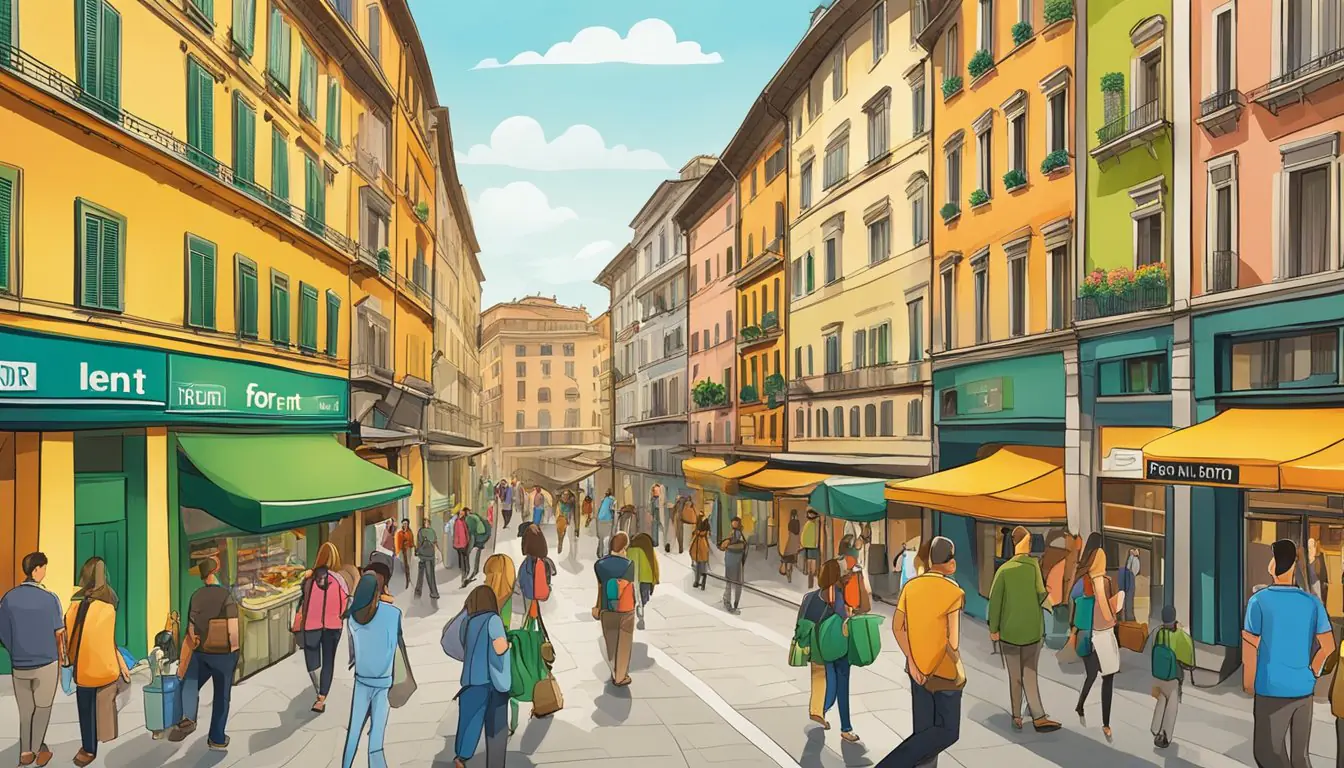 A bustling street in Milan, with colorful buildings and "For Rent" signs. People are seen entering real estate agencies, while others study apartment listings