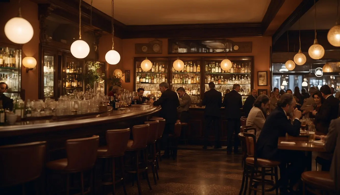A busy traditional aperitivo bar in Milan, with patrons enjoying drinks and small bites. The bar is adorned with vintage decor and dim lighting, creating a cozy and inviting atmosphere