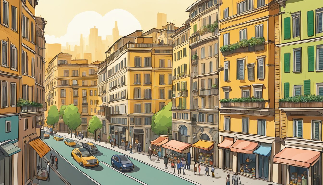 A bustling street in Milan, with modern buildings and real estate agencies. A person searching for apartments in Milan, surrounded by vibrant city life
