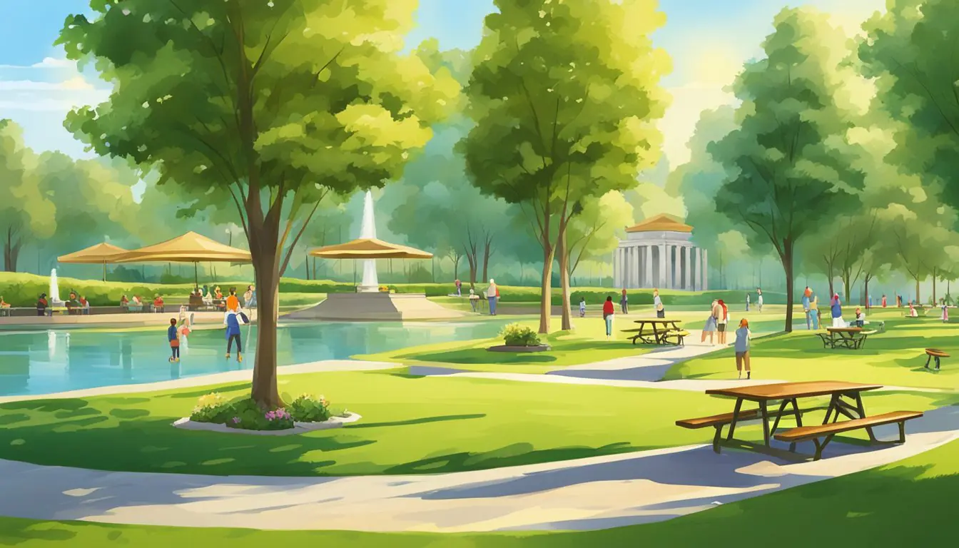 A sunny park in Milan with lush green grass, shaded picnic tables, and families enjoying outdoor meals. A picturesque lake or fountain adds to the serene atmosphere