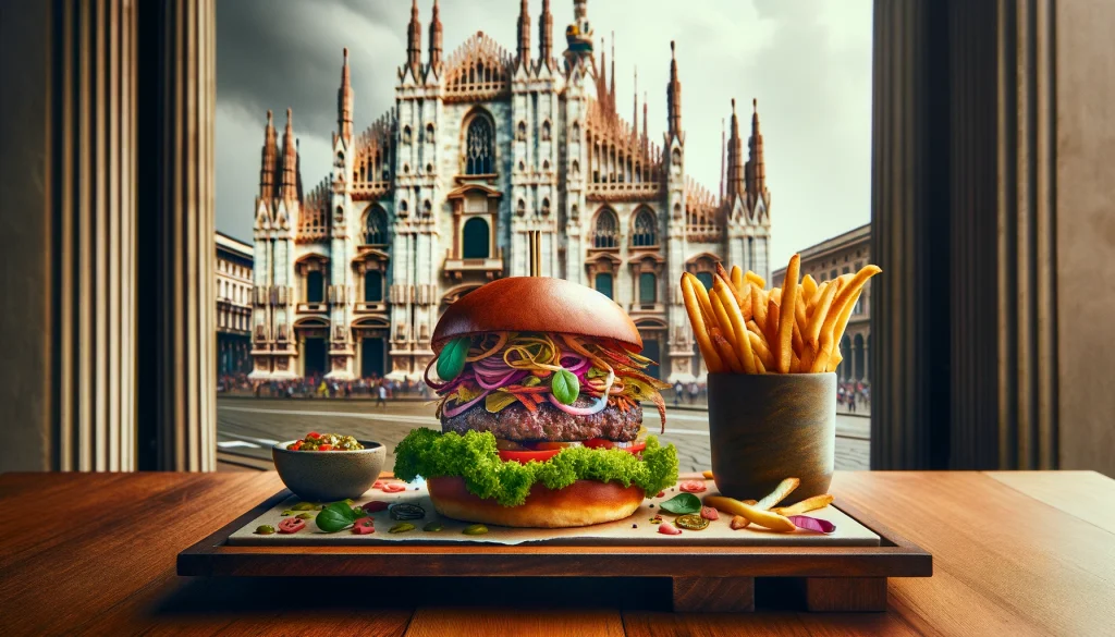 Gourmet burger restaurants in Milan. A gourmet burger with vibrant toppings and a side of crispy fries, showcasing Milan's culinary innovation in blending traditional and modern flavors.