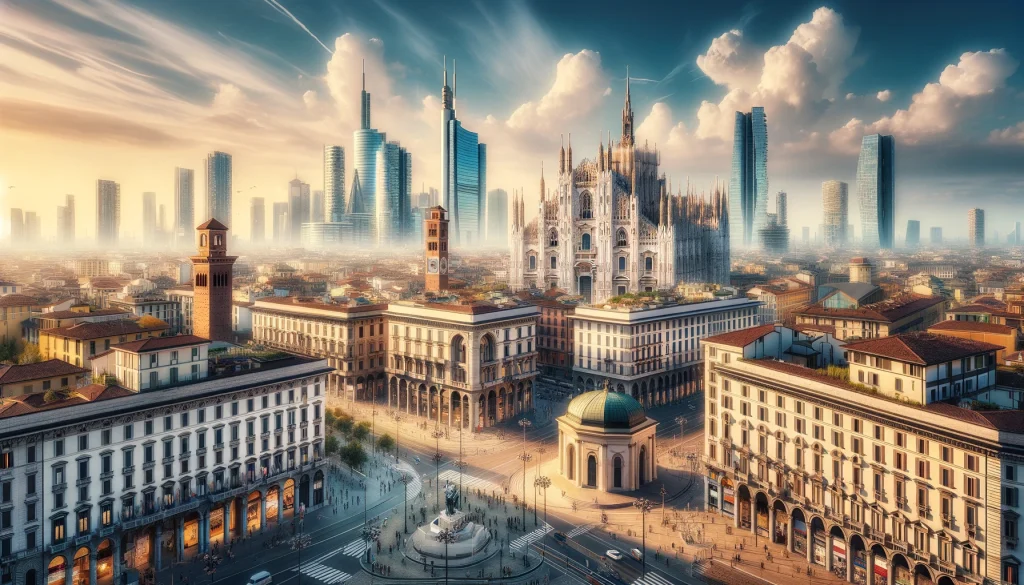 Milan Relocation. A scenic view of Milan highlighting the city's diverse architecture and bustling streets, symbolizing the vibrant lifestyle awaiting new residents.