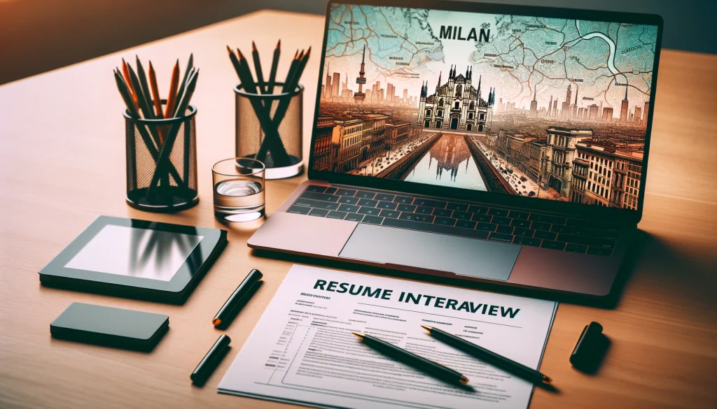 Tips for your resume. A professional workspace with a laptop open to a resume template, notes for a Milan job interview preparation, and a view of Milan's skyline.