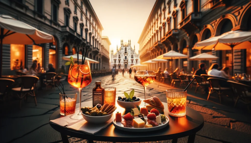 Traditional aperitivo bars in Milan. A vibrant aperitivo scene in Milan, showcasing a traditional bar with people enjoying classic Milanese cocktails and snacks.