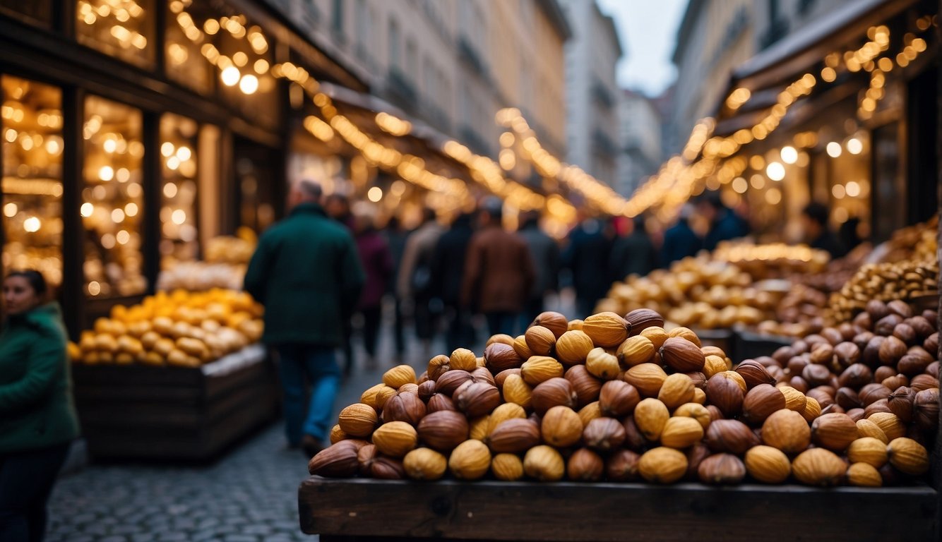 Colorful stalls line the cobblestone streets of Milan, adorned with twinkling lights and festive decorations. Shoppers browse the array of artisanal goods and savor the aroma of roasted chestnuts and mulled wine