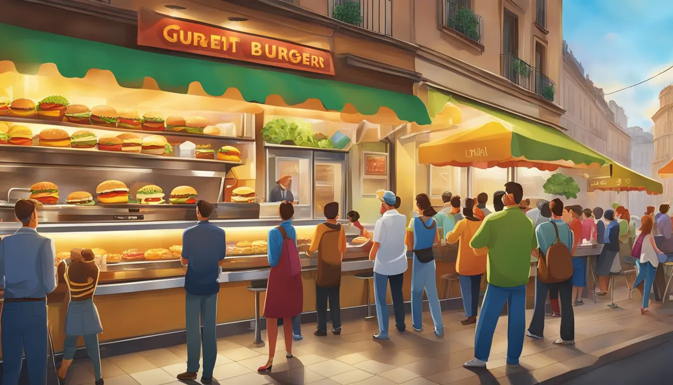 A bustling gourmet burger restaurant in Milan, with sizzling patties and colorful toppings on display. Customers eagerly line up for the best burgers in town