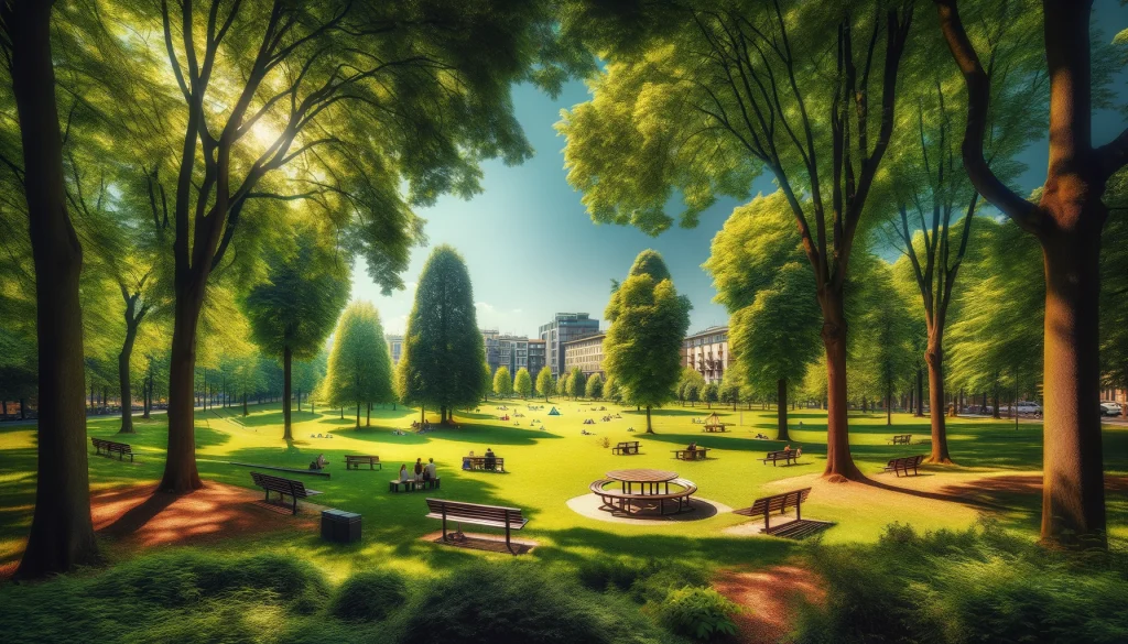 parks in milan. A serene park in Milan, showcasing lush greenery and a perfect picnic setup under the shade of tall trees, embodying the city's blend of nature and culture.