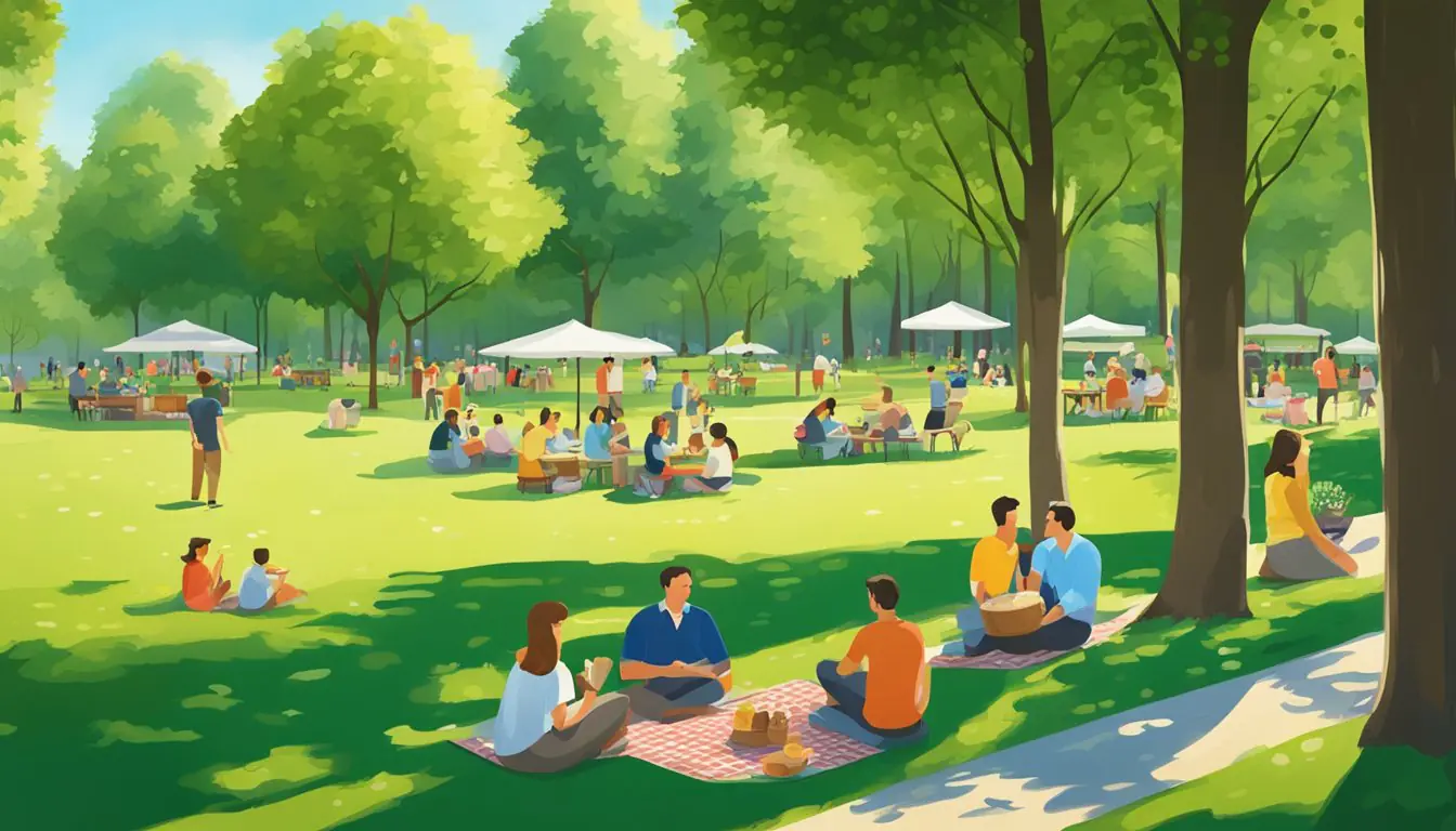 A lush green park in Milan with a clear blue sky, dotted with people enjoying picnics under the shade of tall trees