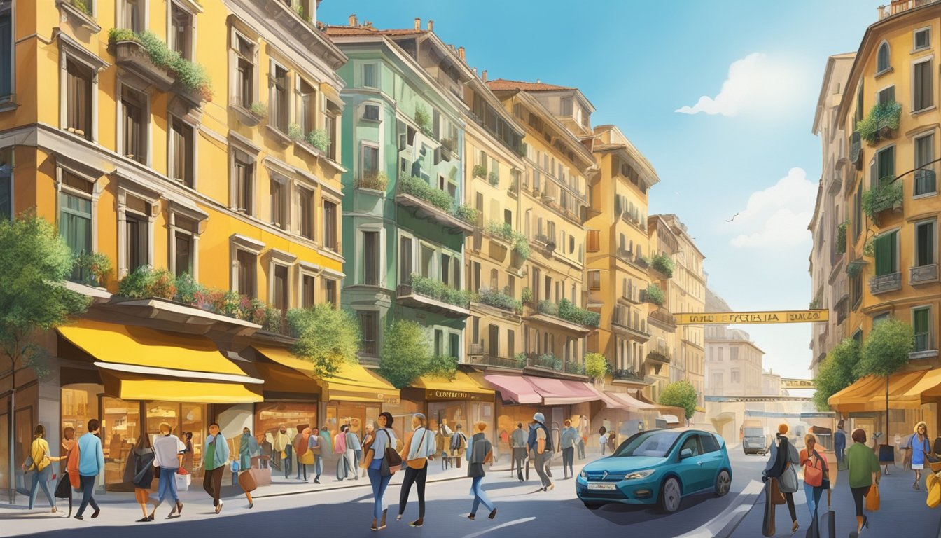 A bustling street in Milan, with colorful real estate signs and apartment listings. People are seen entering and exiting various agencies, searching for their next home