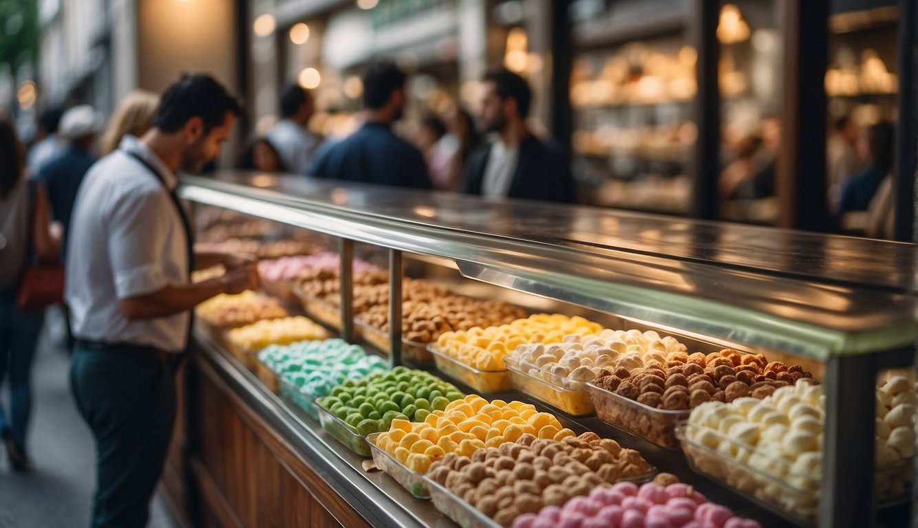 A bustling gelateria in Milan, with a colorful display of gelato flavors and a line of customers eagerly waiting to sample the city's best frozen treat