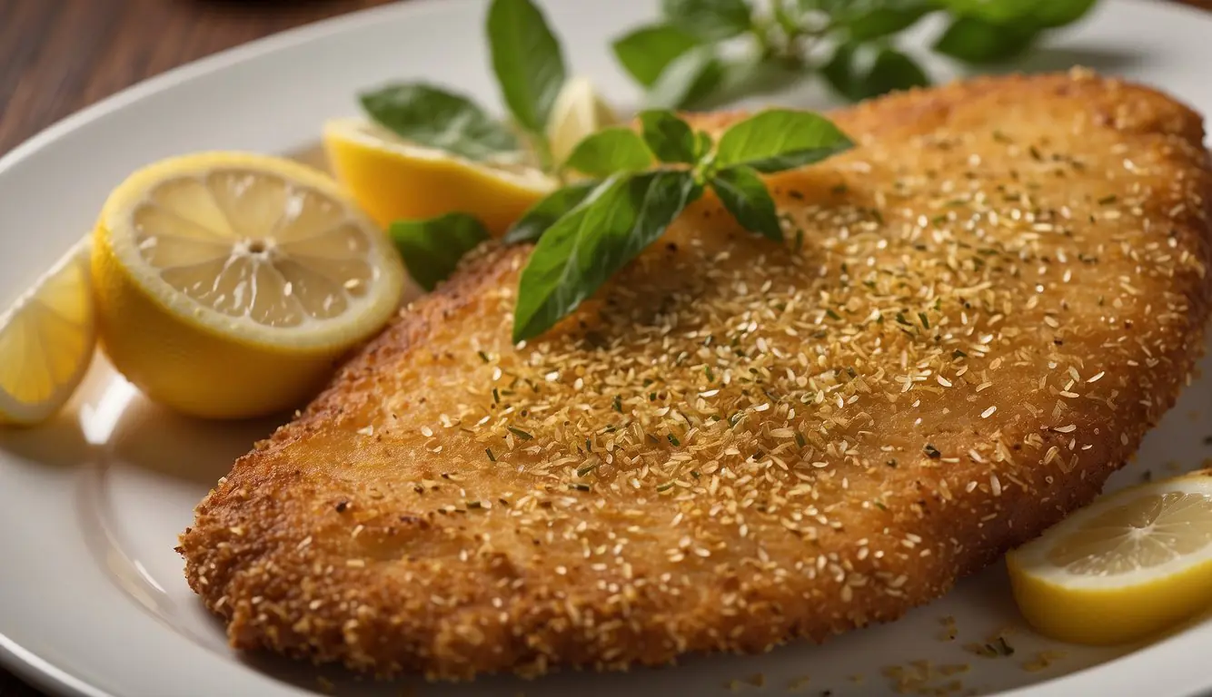 A golden, crispy cotoletta alla milanese sits on a white plate, garnished with a slice of lemon and a sprinkle of salt