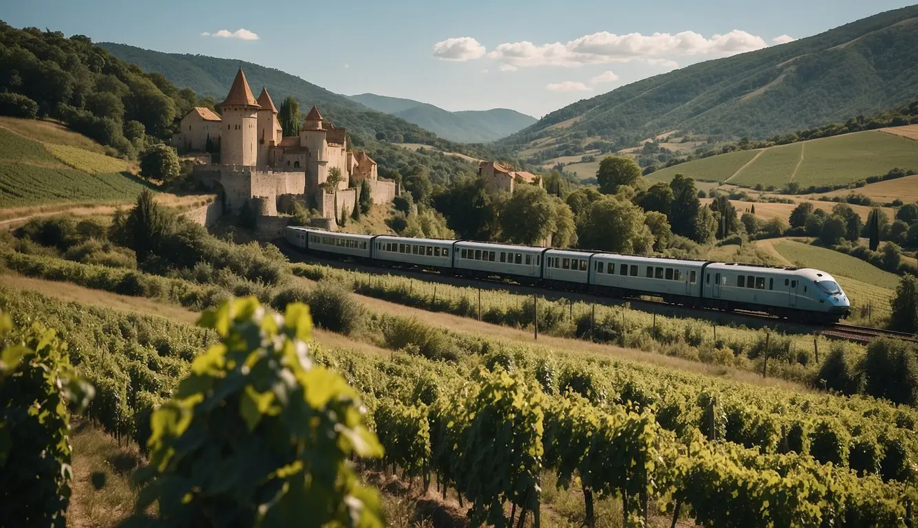 The train chugs through rolling hills, passing ancient villages and vineyards. A medieval castle looms in the distance, surrounded by lush greenery