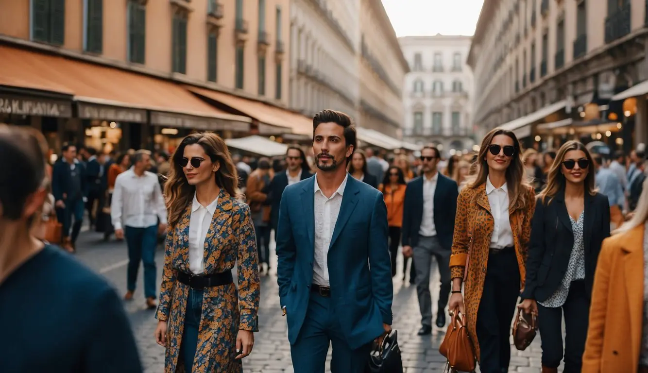 A bustling street in Milan, with trendy, budget-friendly outfits on display. Bright colors and bold patterns catch the eye