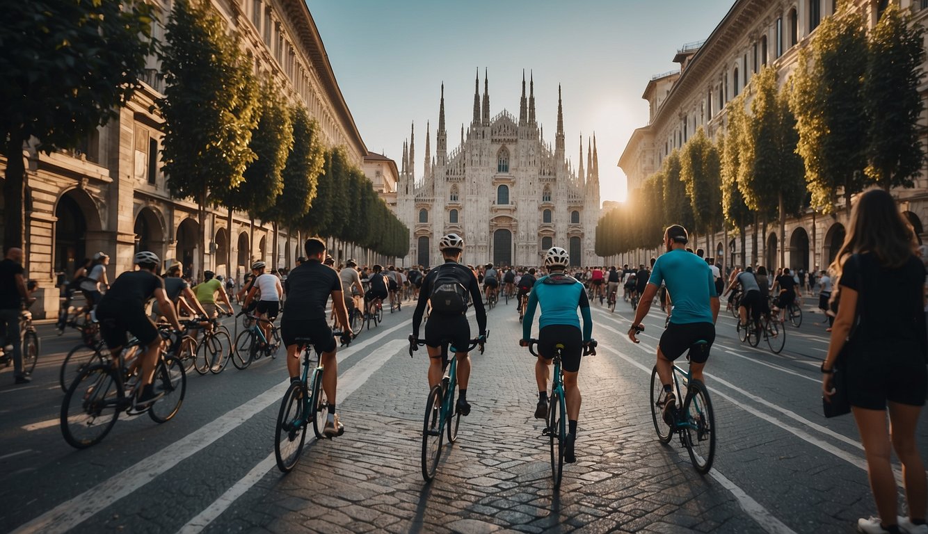 The bustling streets of Milan showcase iconic landmarks and stunning architecture, as cyclists weave through the city on guided bike tours