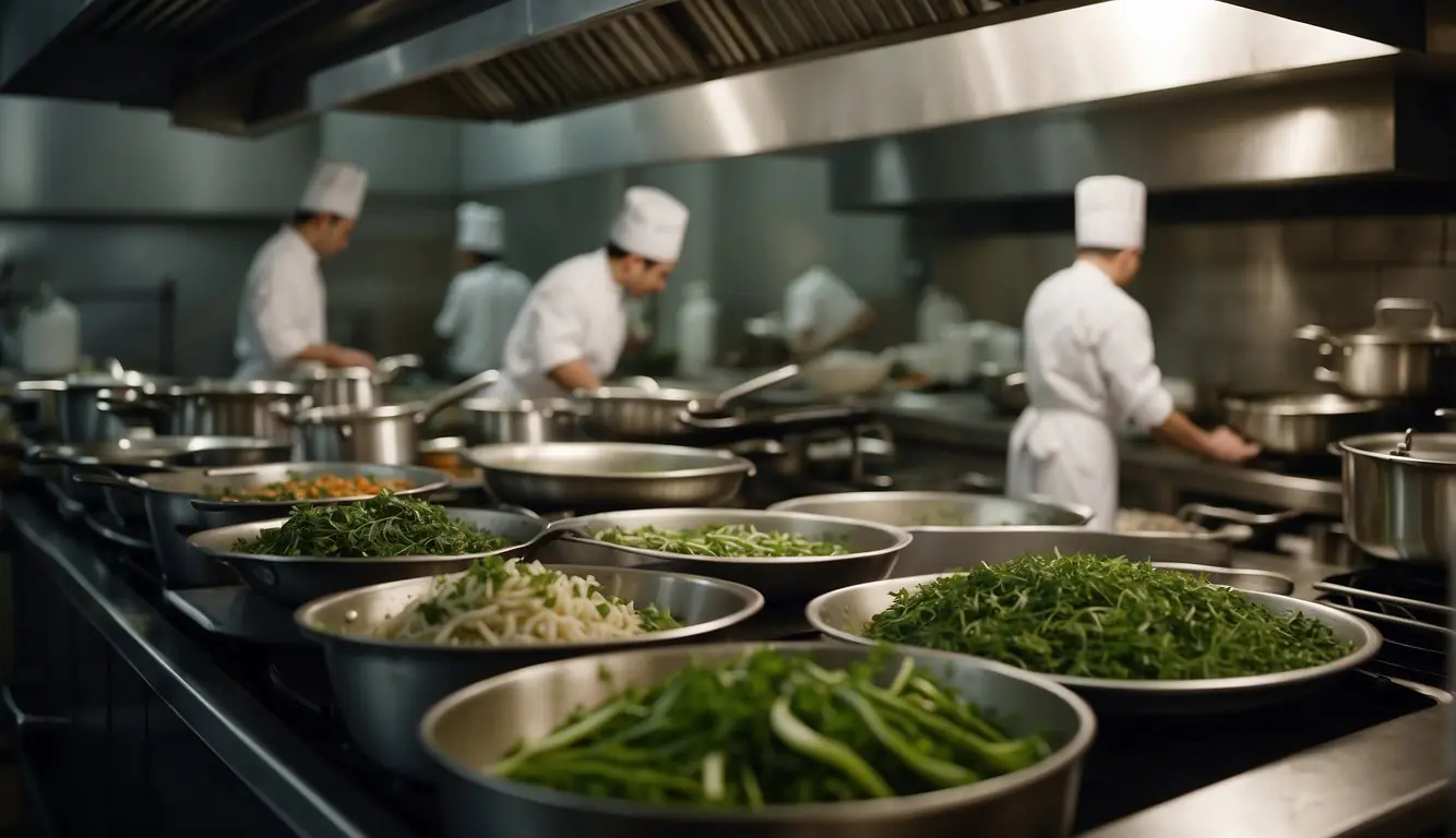 A bustling kitchen in Milan, filled with the aroma of fresh herbs and sizzling garlic. Pots and pans clatter as chefs expertly prepare traditional Italian dishes