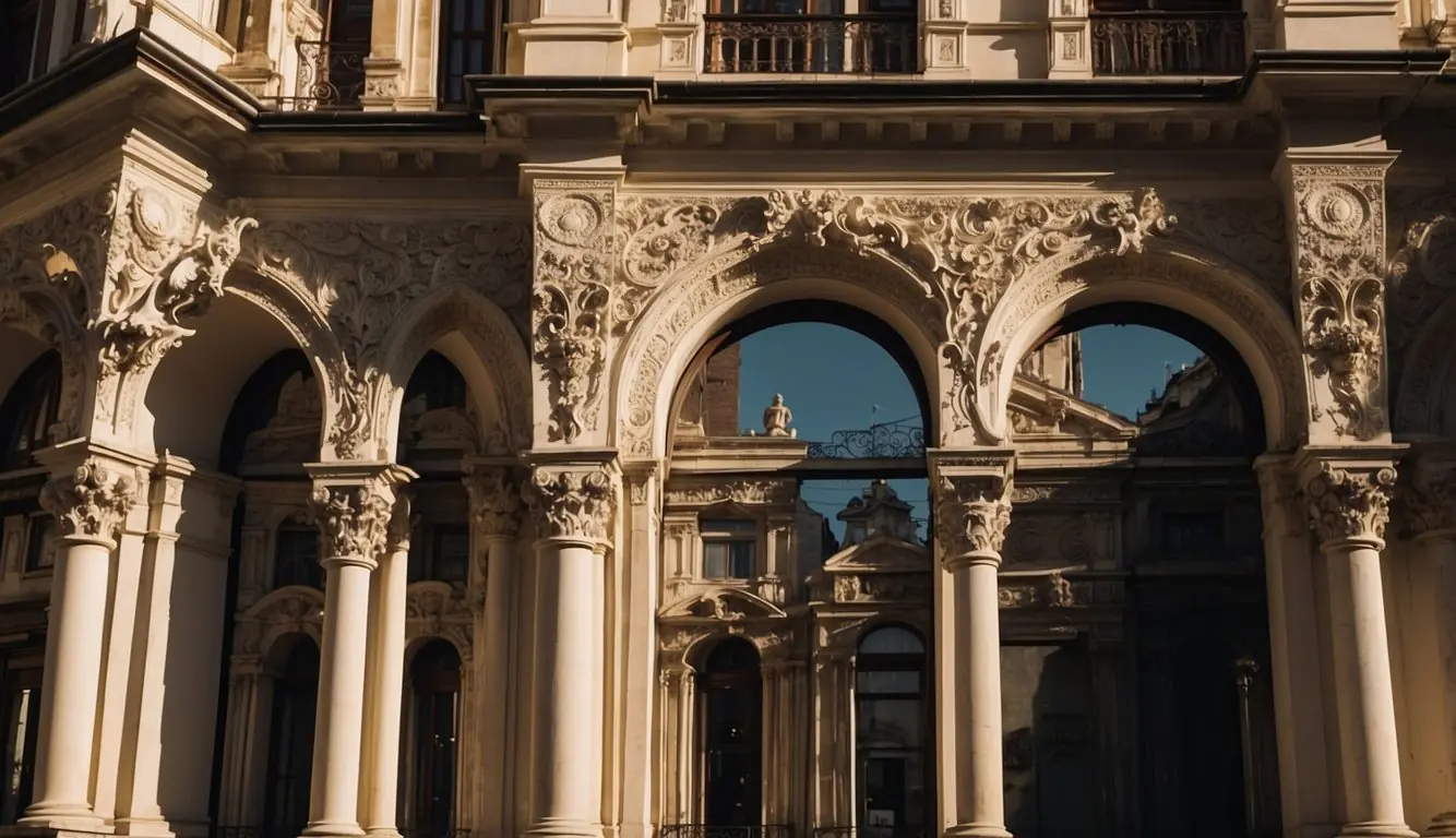 Sunlight bathes the intricate facades of Milan's historic buildings, casting dramatic shadows. The ornate details and elegant arches create a captivating scene of architectural charm