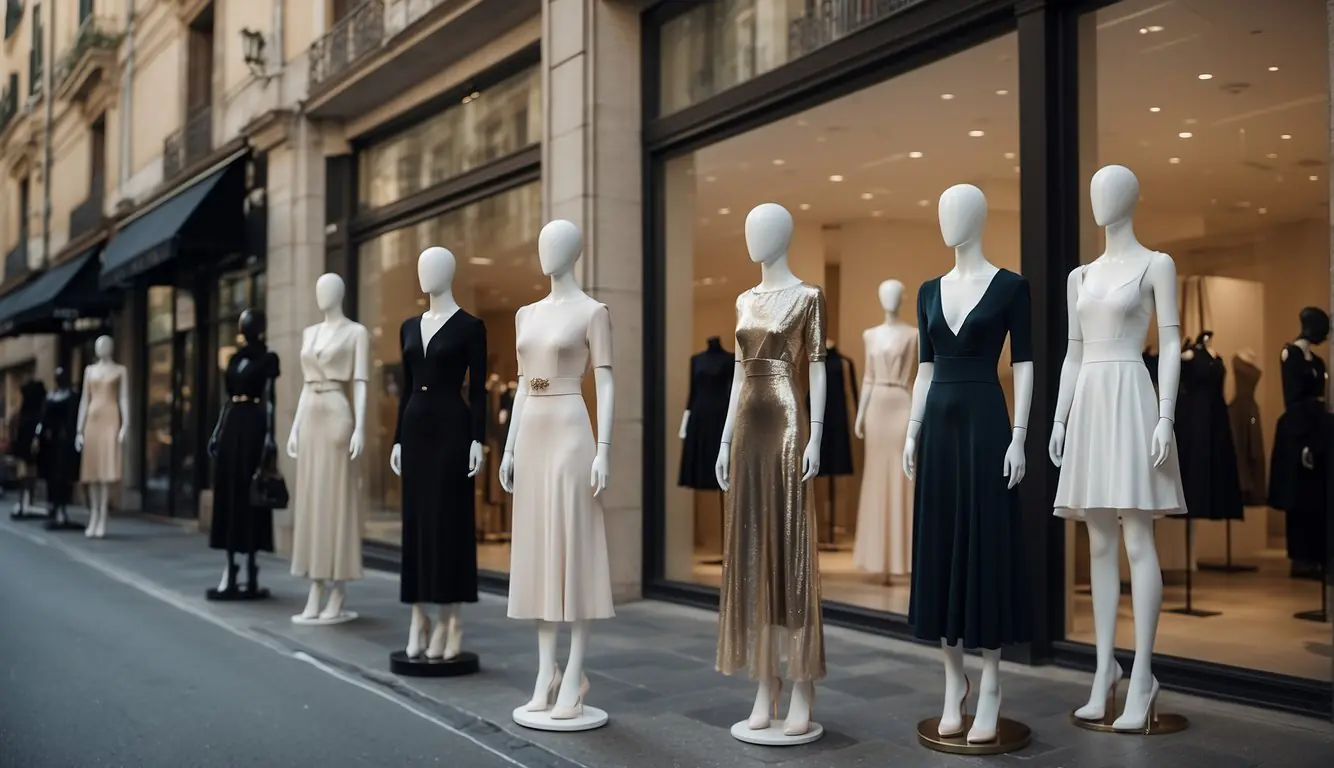 A bustling street lined with high-end fashion boutiques in Milan, Italy. Mannequins display the latest designs in well-lit storefront windows