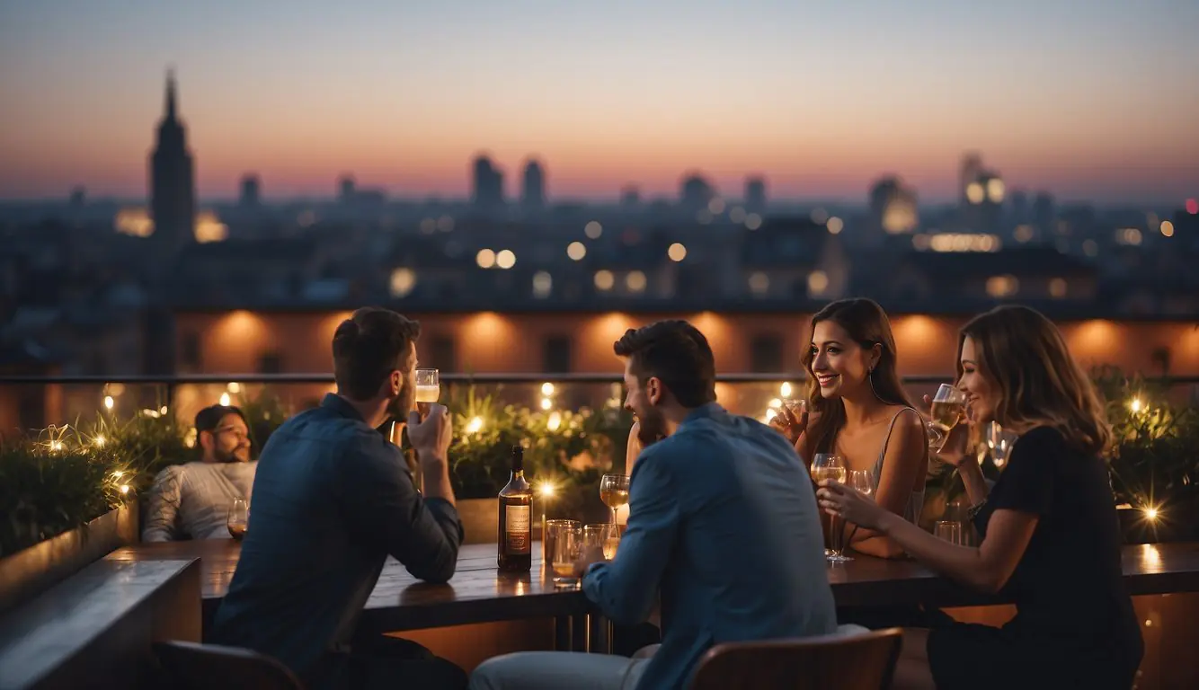 People enjoying drinks on Milan rooftop bars. City skyline in background. Twilight setting with warm lighting