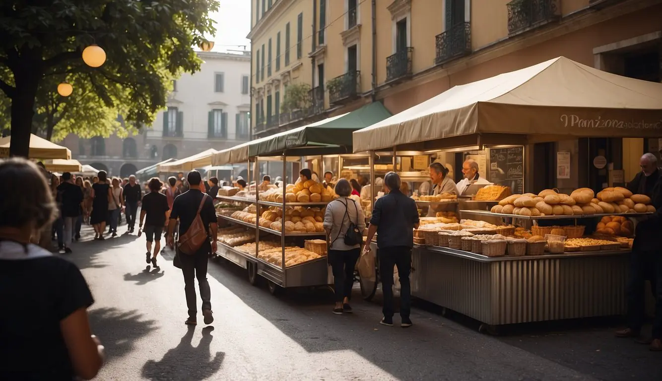 Busy Milan street with food vendors selling arancini, panzerotti, and cannoli. A mix of locals and tourists explore the diverse culinary offerings