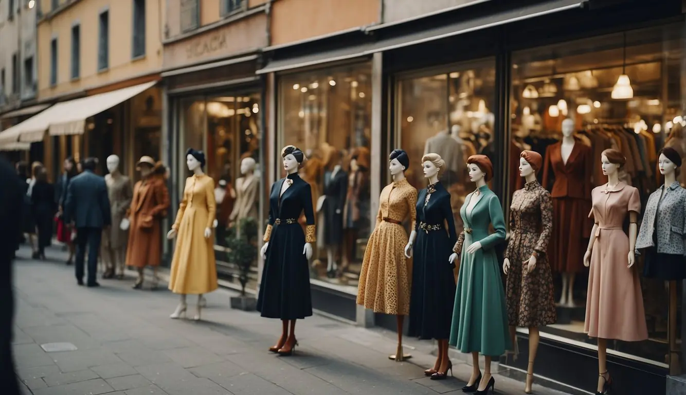 A bustling street in Milan lined with vintage clothing stores, showcasing the city's rich history of fashion. Mannequins dressed in retro garments and colorful window displays catch the attention of passersby
