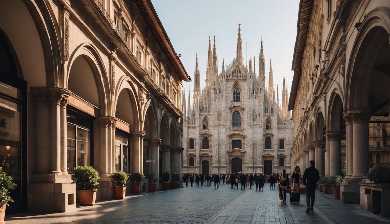 The historic streets of Milan are lined with ornate buildings, showcasing a blend of Gothic and Renaissance architecture. The grandeur of the Duomo di Milano dominates the skyline, while narrow cobblestone alleyways lead to hidden courtyards and charming cafes