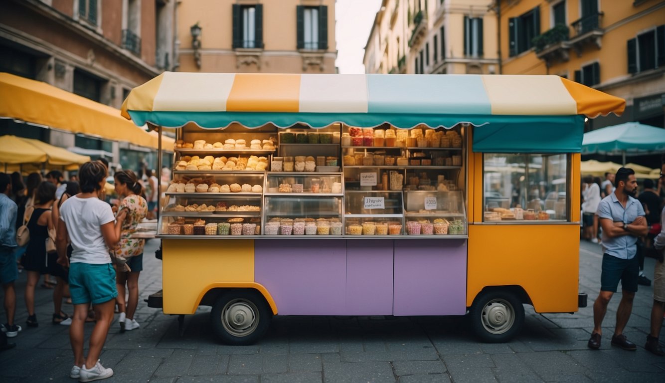 A colorful gelato stand in Milan with a crowd of people enjoying various flavors, while an ice cream truck sits nearby
