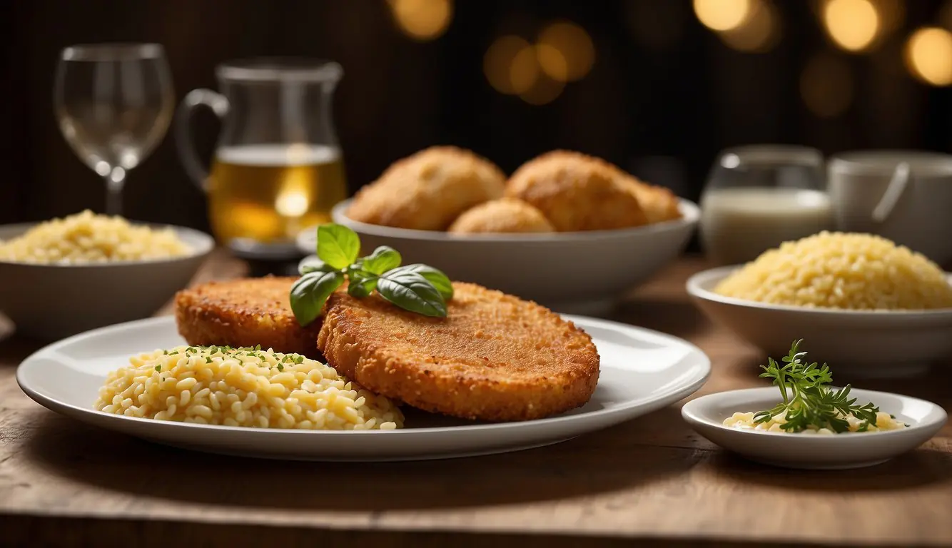 A table set with a golden-brown, breaded cotoletta alla milanese, surrounded by traditional Milanese dishes like risotto, ossobuco, and panettone
