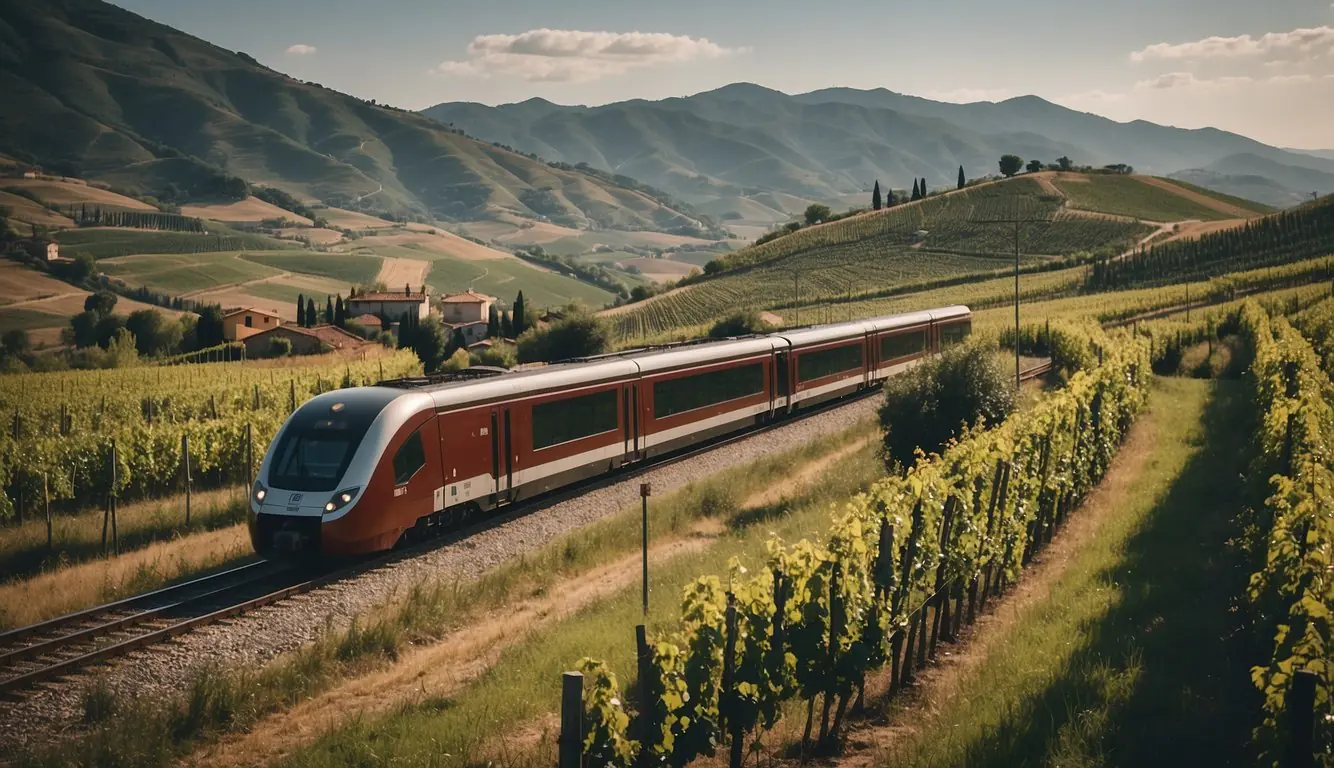 A train speeding through the Italian countryside, with rolling hills, vineyards, and quaint villages passing by