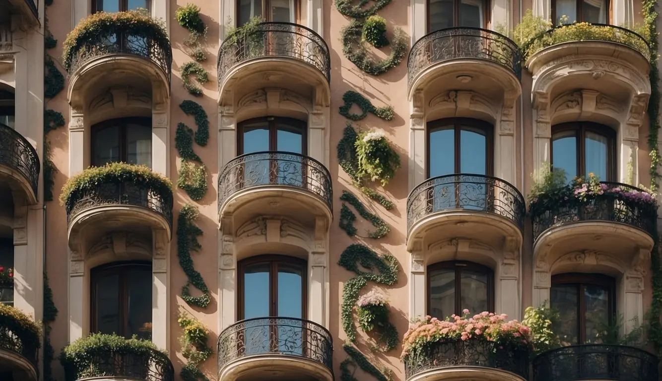 Elegant, swirling floral motifs adorn the ornate facades of Milan's Art Nouveau buildings, with sinuous lines and delicate curves evoking a sense of organic beauty and sophistication