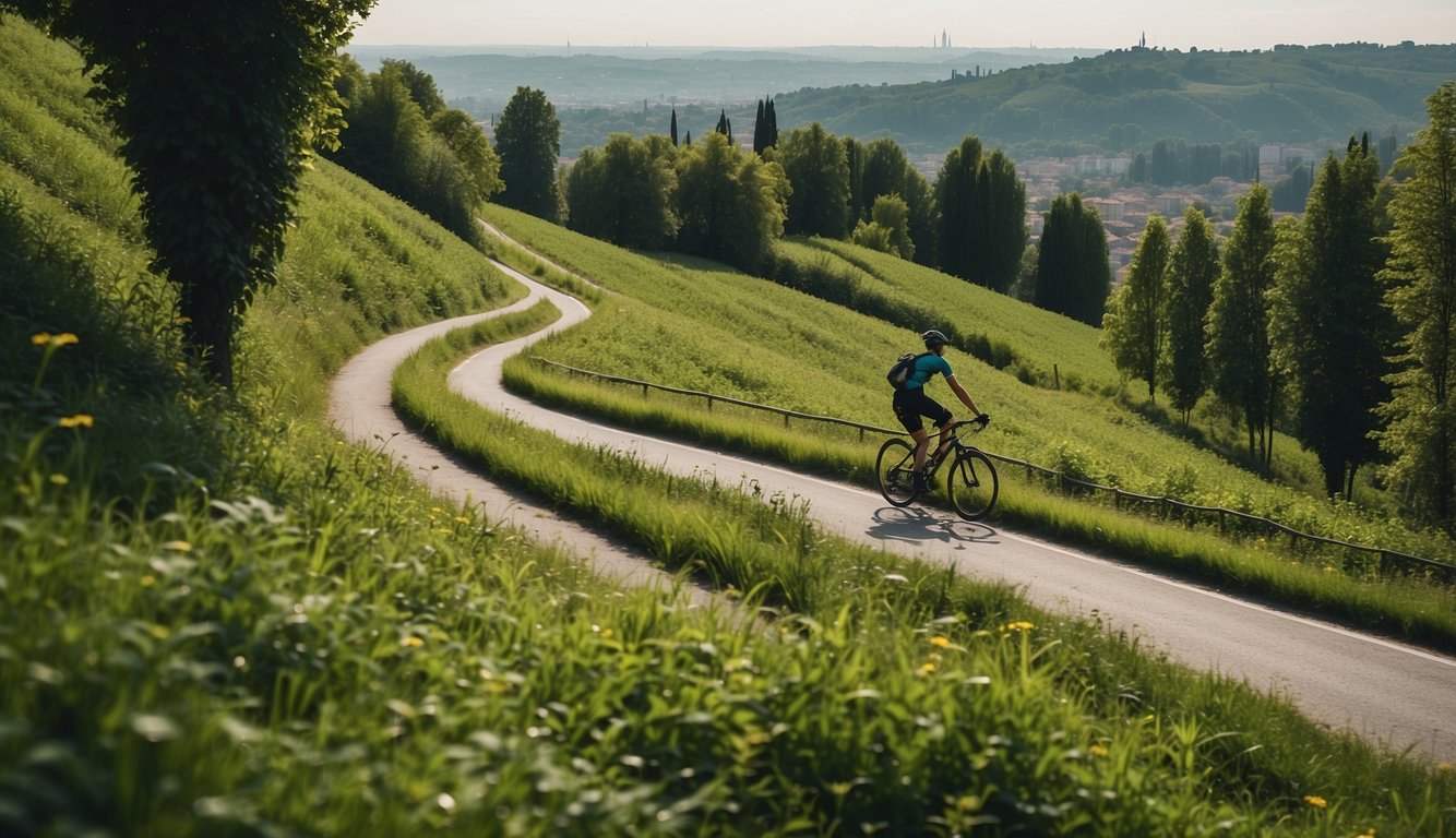 Lush green hills and winding bike paths in Milan. A sense of adventure and freedom as cyclists explore the natural beauty