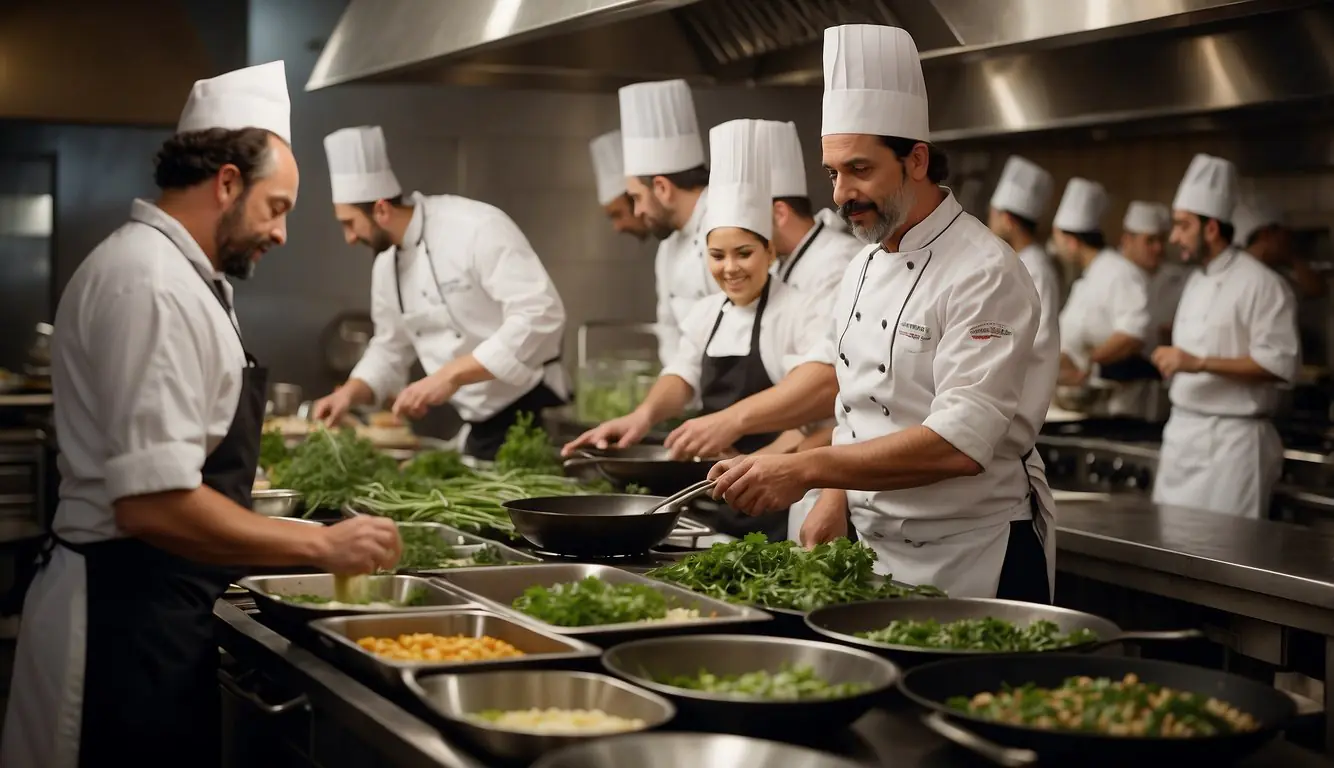 A bustling Milanese kitchen, filled with the aroma of fresh herbs and sizzling pans. A chef instructs a group of eager students in the art of Northern Italian cuisine