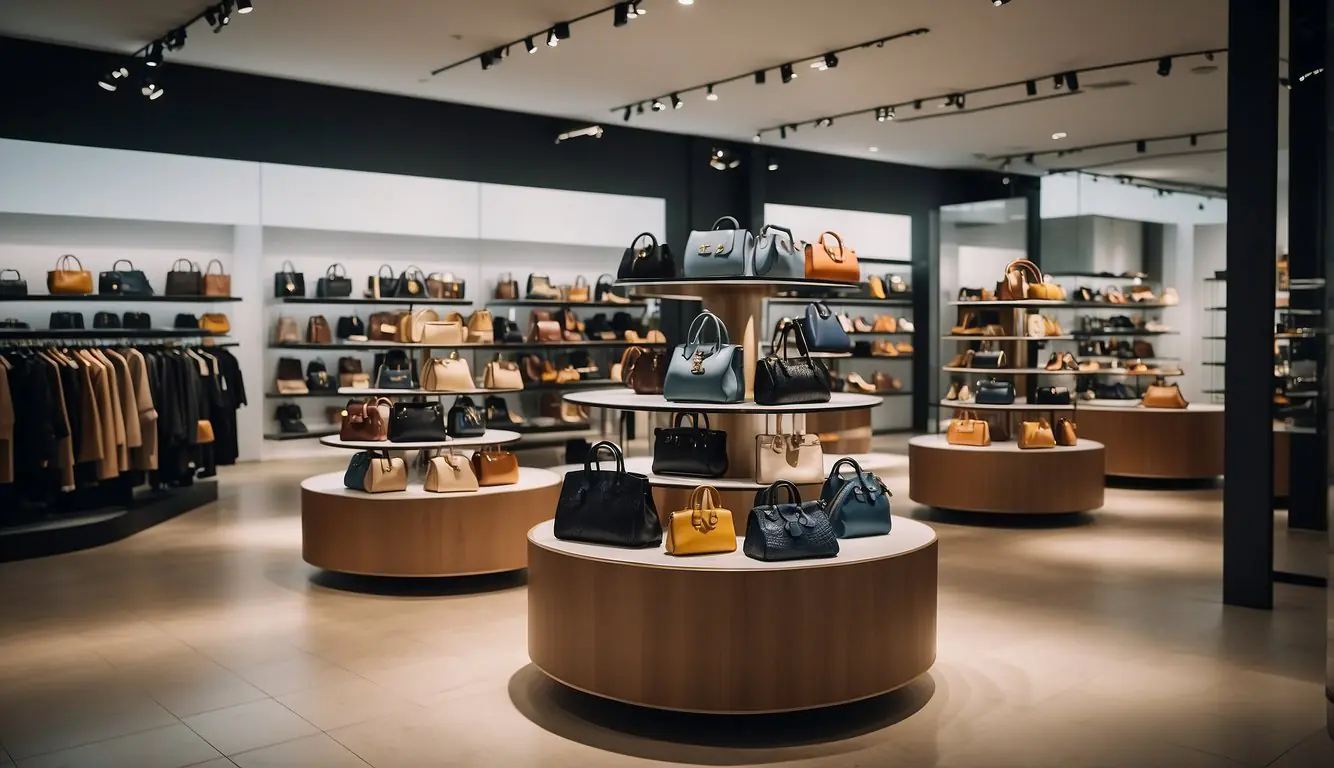 Display shelves showcase designer handbags and shoes at a Milan fashion outlet