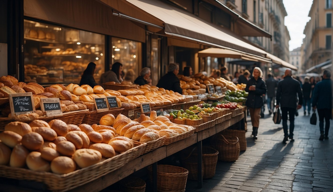 A bustling street market in Milan, filled with colorful stalls offering a variety of delicious Italian foods. The aroma of freshly baked bread, ripe cheeses, and rich espresso fills the air as locals and tourists alike sample the culinary delights on offer
