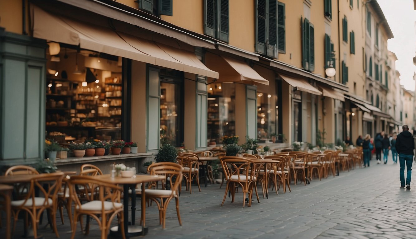 A bustling Milan street lined with colorful buildings and hidden alleyways, revealing charming cafes and artisan shops