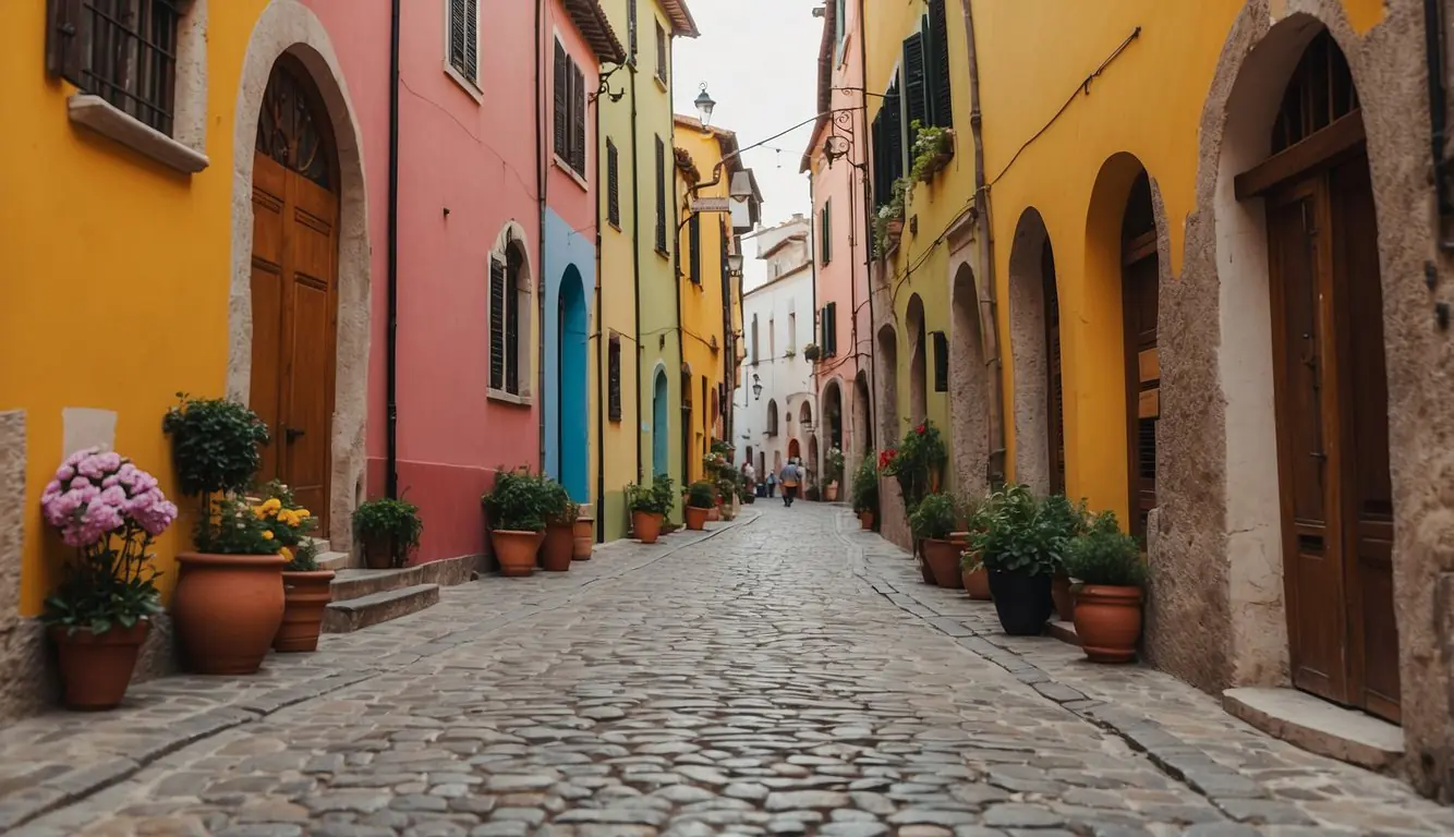 A narrow cobblestone street lined with colorful, historic buildings. A hidden courtyard filled with vibrant street art and local artisans. A bustling outdoor market showcasing unique handmade crafts and traditional Italian goods