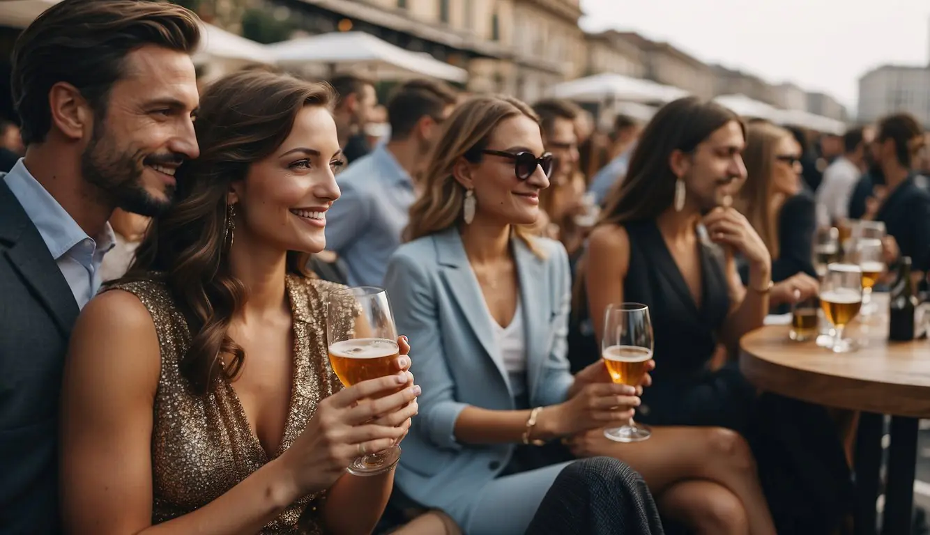 People enjoying rooftop bars in Milan, with a backdrop of fashion and shopping scenes