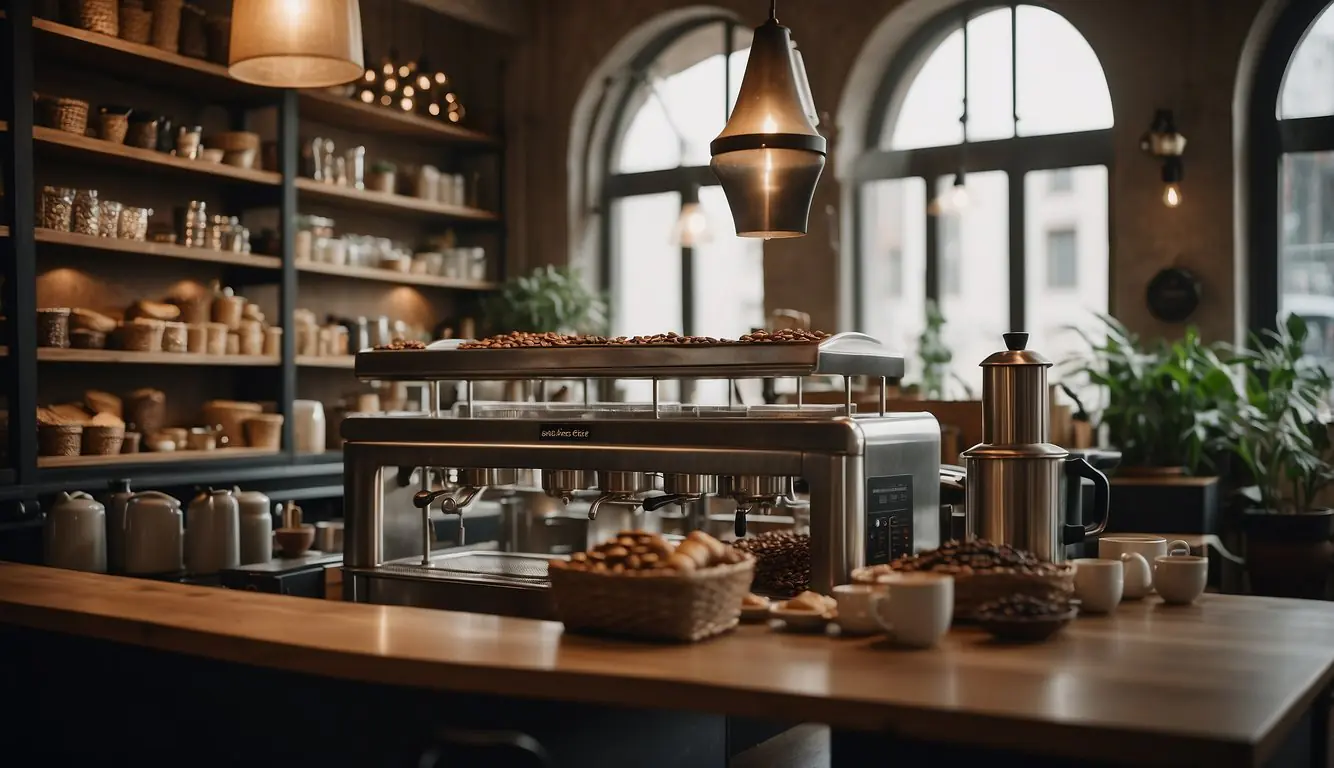 A cozy cafe in Milan, with steaming espresso machines, stylish decor, and shelves lined with bags of freshly roasted coffee beans