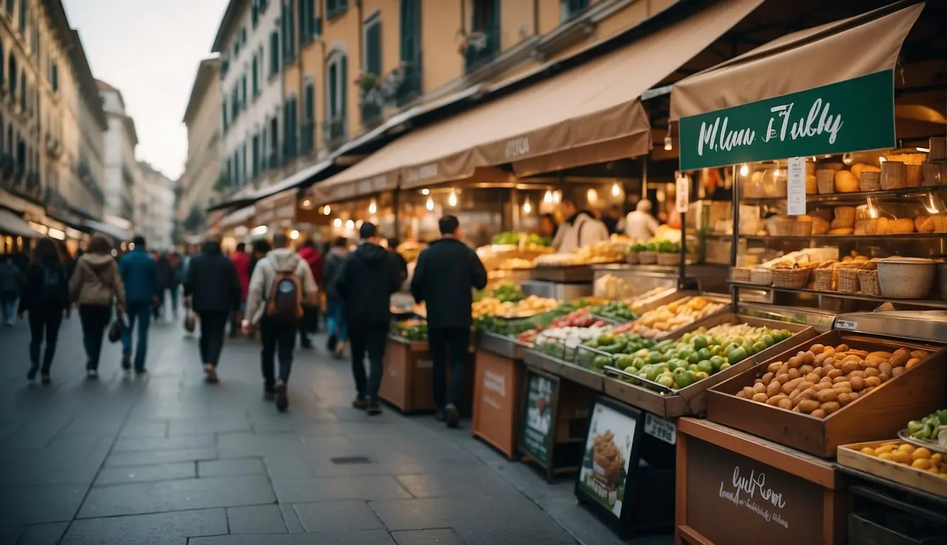 Busy Milan street with diverse food stalls, showcasing global flavors and innovative culinary creations