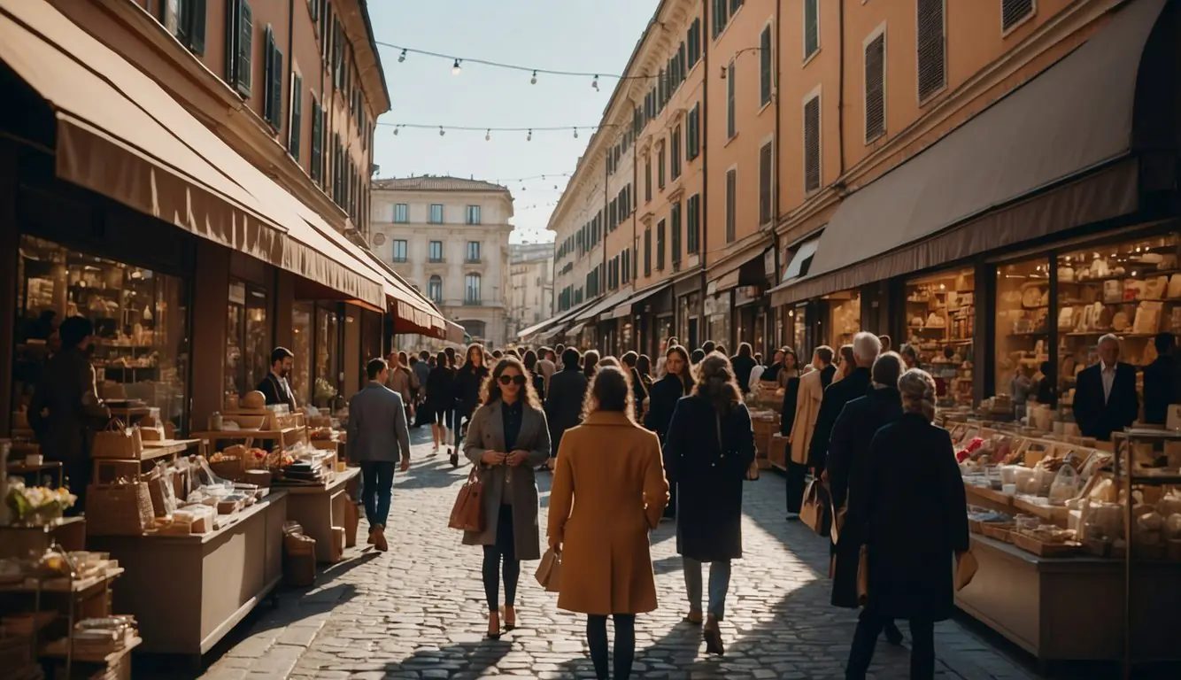 A bustling Milan street filled with vintage shops and stylish shoppers browsing through racks of clothing and accessories. The storefronts are adorned with colorful displays, drawing in passersby with their unique and fashionable offerings