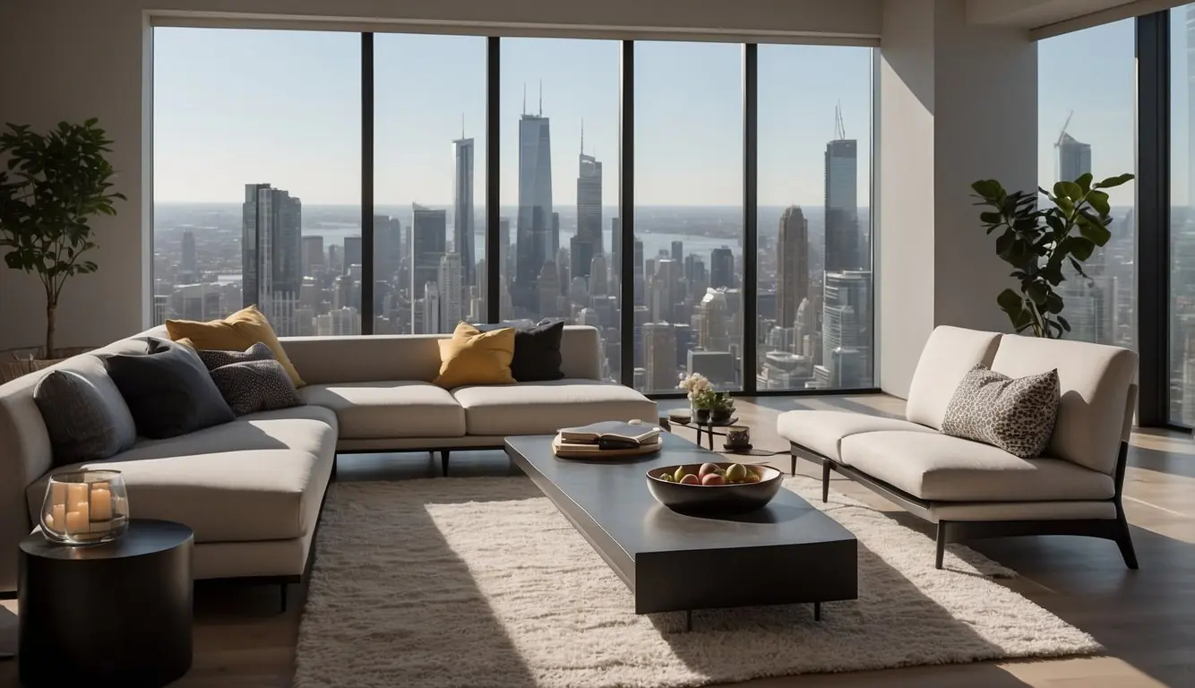A modern, minimalist living room with sleek furniture, soft lighting, and large windows overlooking a city skyline. A neutral color palette with pops of bold, vibrant accents