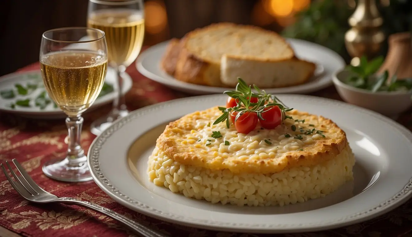 A table set with Cotoletta alla milanese, risotto, and panettone. Traditional Milanese dishes displayed in an elegant setting